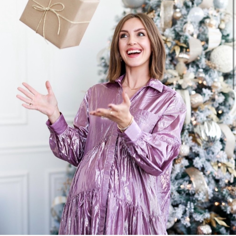 Anthropologie Pilcro Long-Sleeve V-Neck Metallic High-Low Dress in Lilac - Picture 5 of 13